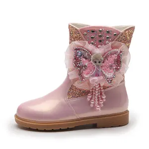 Ivy82101A bottes d'hiver en velours coréen pour bébé fille, chaussures en cuir à strass avec nœud mignon, chaussures plates à paillettes pour enfants, nouvelle collection 2022