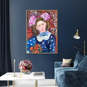 Dark Wood Framed Canvas Art With Perfect Handpainting Detail Teenager Girl Painting for Room Decoration 60x90cm 80x120cm