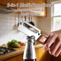 Multifunctionele handmatige fruit- en groenteschiller, roestvrijstalen aardappelschiller met houten handvat en flesopener, suikerrietmes