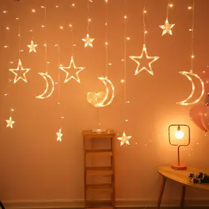 Cortina de luz navideña, guirnalda de luces impermeables con forma de luna y estrella para Decoración