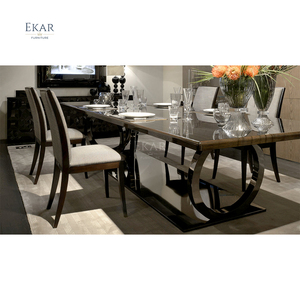 Yeni tasarım lüks büyük 6/8 koltuklu uzun masa lüks yemek odası mobilyası <span class=keywords><strong>Metal</strong></span> bacak Oval dikdörtgen şekli yemek masası seti - Product Image 2