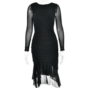 Vestido Midi Asimétrico de Estilo Europeo Americano, Sexy, con Cuello Redondo, Manga Larga, Ajustado, con Detalles de Malla, para Otoño - Product Image 5
