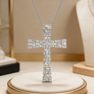 CUSTOM SILVER 10K/14K/18K GOLD PLATED LAB GROWN CVD DIAMOND CLASSIC ENGAGEMENT GIFT SWEATER <b>CHAIN</b> NECKLACE <b>CROSS</b> PENDANT - Product Image 5