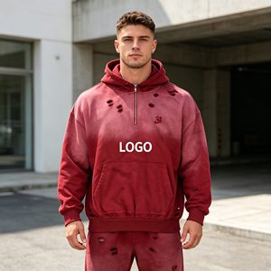 Sudadera con capucha para hombre con cremallera, estilo rasgado y desgastado, con estampado en relieve y lavado ácido, 500G, de felpa francesa 100% algodón, para hombre. - Product Image 2