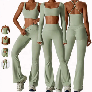 Giogo nuovo stile donna abbigliamento da palestra Yoga pantaloni a zampata Set <span class=keywords><strong>Leggings</strong></span> a <span class=keywords><strong>vita</strong></span> <span class=keywords><strong>alta</strong></span> Top tute sportive per il <span class=keywords><strong>Fitness</strong></span> - Product Image 3
