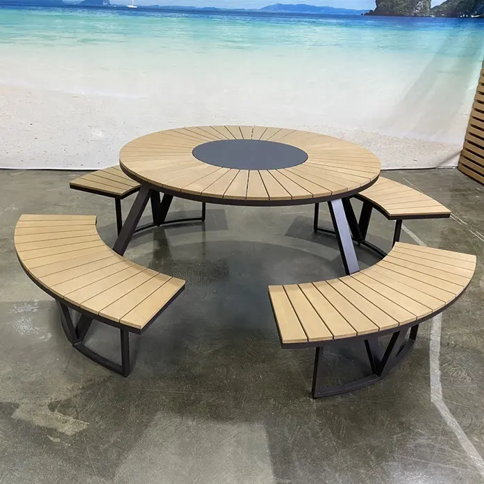 طاولة وكراسي, طاولة مكتب خشبية بلاستيكية لتوفير مساحة في الهواء الطلق بمقعد دائري مناسب للحدائق والتنزة والطعام والنزهات