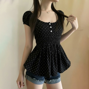 Camiseta de manga corta con cuello redondo y lunares para mujer, top de punto con corte en A, camiseta informal de moda de verano - Product Image 4