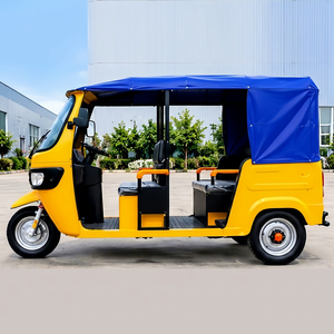 Triciclo Eléctrico de Pasajeros de Carrocería Abierta Amarillo de Alta Potencia, 5 Asientos, Techo Azul, Velocidad 30-50 km/h, Autonomía 90 km, Certificado EEC para Ciudad - Product Image 1