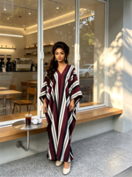 Robe Abaya de Soirée Ample à Manches Chauve-Souris Rayées Contrastées avec Foulard, Kaftan Long Musulman Tendance pour la Vente en Gros