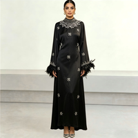 Nouvelle Arrivée 2026 – Robe de Soirée en Satin Haut de Gamme Personnalisée OEM, Ornée de Perles et de Plumes, Kaftan de Luxe Modeste Style Dubaï – Fabricant