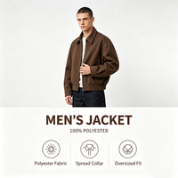 Blouson Bomber Homme en Polyester Marron Chocolat Col Pointu Fermeture Éclair Devant Ourlet Côtelé Poches Plissées Coupe Ample Style Décontracté Urbain