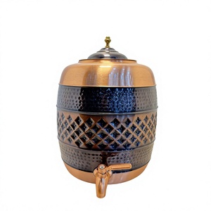 Distributeur d'eau en cuivre pur multi-textures de qualité supérieure, 14 L, forme baril, motif losanges martelés, Matka, étanche, pour camping, avec robinet - Product Image 1