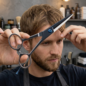 Ciseaux de coiffure professionnels ASAP à lame en acier inoxydable noir mat thermolaqué, manche long, pour droitiers, avec fonction de coupe - Product Image 2