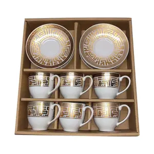 Cangkir dan piring kopi, Set piring cangkir kopi Espresso Turki 6 buah porselen emas kecil