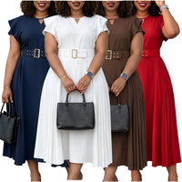 Robe midi plissée à manches volantées avec ceinture et col en V pour le bureau, vente en gros, marque privée personnalisée, OEM