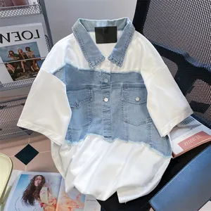 Оптовая продажа, 2023, американский стиль, уличные джинсовые рубашки-поло в стиле пэчворк с высоким уровнем качества, нишевые женские футболки с короткими рукавами