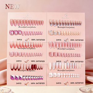 24 Stück/Packung Hand- und Fuß-Maniküre Künstliche Nägel Combo-Serie mit Aufdruckdesign Zehennägel Französisch Blumenmuster Einfarbig Hochwertige Aufklebnägel - Product Image 1