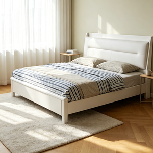 Minimalist White Upholstered <b>Queen</b> <b>Bed</b> <b>Frame</b> with Faux Leather and Storage Drawers - Product Image 6