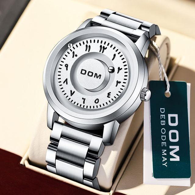 Dom 1769 Black Stainless Steel / Genuine Leather Strap Original Rolling Pointer Rotating Men Watch Fashion Waterproof Male Clock