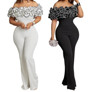 Combinaison moulante sexy à épaules dénudées avec volants en dentelle pour femme, couleur unie, tendance - Product Image 2