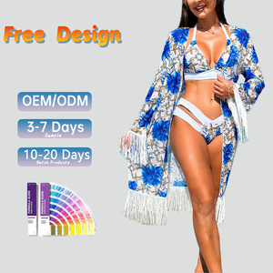 Ensemble de maillot de bain trois pièces à fleurs pour <span class=keywords><strong>femme</strong></span> avec jupe en <span class=keywords><strong>voile</strong></span> et maillot de bain <span class=keywords><strong>bikini</strong></span> Offre Spéciale à pompon <span class=keywords><strong>femme</strong></span> - Product Image 3