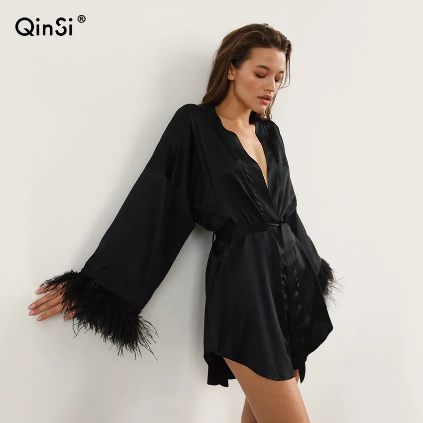 Bclout/QINSI White Wedding Dress Black Bride Dress Long Sleeve Loose Women Pajama Robe Feather Bathrobes Satin Sexy Mini Dress