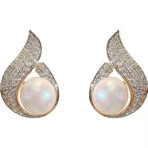 Real Gold Electroplating Silver Needle Pearl Zircon Trendy Party <b>Hook</b> Fishtail Water Drop Luxury <b>Earrings</b> - Product Image 5