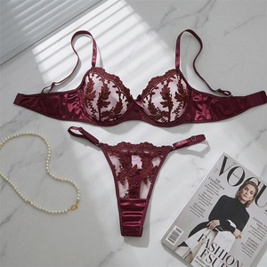 Wholesale Women's Floral Embroidery Sheer Mesh Underwire Bra and Thong <b>Set</b> 2 Piece Lace Lingerie <b>Set</b> Breathable <b>Sexy</b> Intimates - Product Image 2