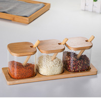 Ensemble de bouteilles de condiments en verre classique avec cuillère en bois Fournitures de cuisine Cover-Style Condiments Container