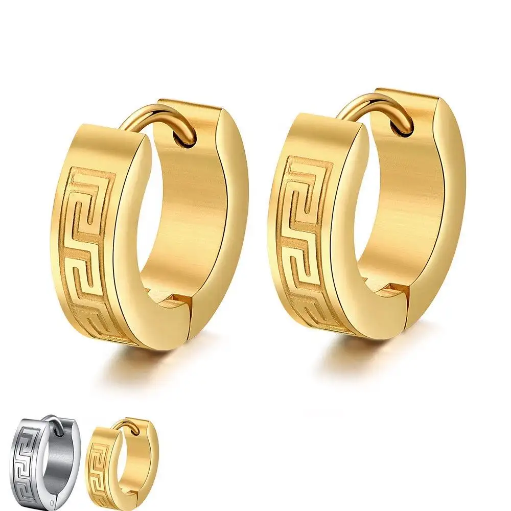 Wholesale 14k Gold Surgical Steel Earrings Etching Style Male Steel Hoop Earrings Fashion Jewelry Stainless Steel Earrings