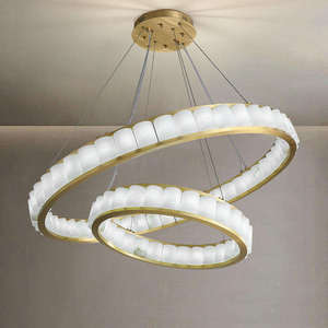 Lustre LED rond doré avec abat-jour en verre pour plafonnier de salon, base d'ampoule E27, blanc chaud 3500K - Product Image 1