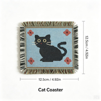 Sous-verre décoratif tissé à franges, motif chat noir mignon et fleurs jacquard, style bohème, pour décoration de table, cadeau de pendaison de crémaillère, cuisine
