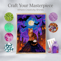 Kit de Peinture Diamant Halloween pour Adultes, Bricolage 5D Chat Lune Château, Art Cristal à Pointillage Complet, Décoration Maison, Cadeau