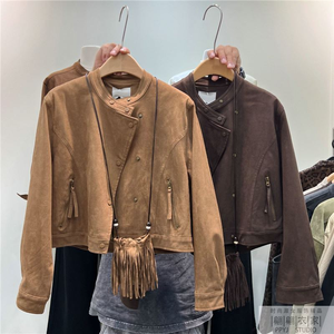 Haut de manteau classique à boutons inclinés en daim rétro <span class=keywords><strong>pour</strong></span> femme, <span class=keywords><strong>petite</strong></span> stature, haut de gamme, manteau court de moto décontracté - Product Image 2