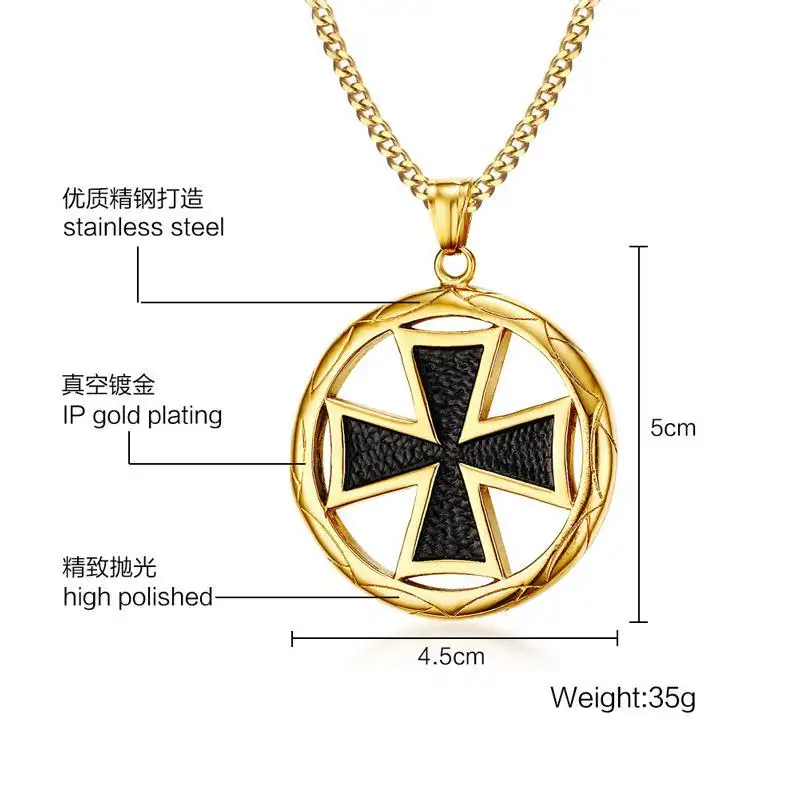 New gold silver men's maltese cross round pendant necklace stainless steel chain charm knight templar jewelry necklace