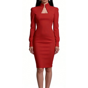 Robe moulante à col montant et découpes pour femme - Robe de soirée mini à manches longues tendance - Product Image 4