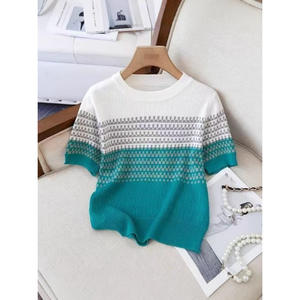 Top de Punto a Rayas Degradado para Mujer, Manga Corta, Cuello Redondo, Suave, Spandex/Algodón, Moda de Verano, Jersey Fino Formal, Gris Azul Verde - Product Image 3
