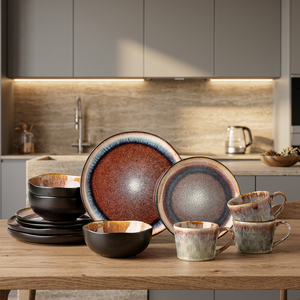 Lot de 16 pièces de vaisselle en céramique rétro de luxe léger et durable, comprenant bols, assiettes, tasses et bols à nouilles, résistant au four, pour la vente en gros - Product Image 3