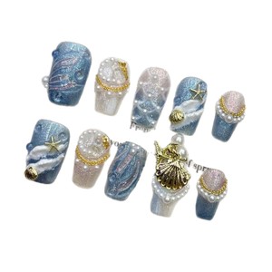 <span class=keywords><strong>Uñas</strong></span> Postizas al por Mayor, Hechas a Mano, Diseño <span class=keywords><strong>de</strong></span> Cola <span class=keywords><strong>de</strong></span> Sirena <span class=keywords><strong>Azul</strong></span>, Forma Corta, Acrílicas, con Detalles Pintados a Mano - Product Image 6