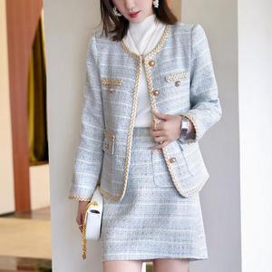 Abbigliamento Casual a girocollo tinta unita personalizzato autunno Mini gonna con bottoni Blazer lungo elegante Set 2 pezzi completo <span class=keywords><strong>Tweed</strong></span> da donna - Product Image 1