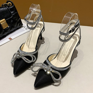 New Summer Black Elegant High Heels Sexy Pointed Thin Heel Sandals With Rhinestone Cool Fairy Style PU Insole Slippers - Product Image 6