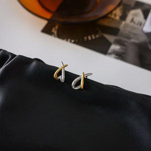 <b>Stud</b> <b>Earrings</b> Geometric Design 18K Gold Silver Color Blocking Crisscross Pattern Stainless Steel - Product Image 4