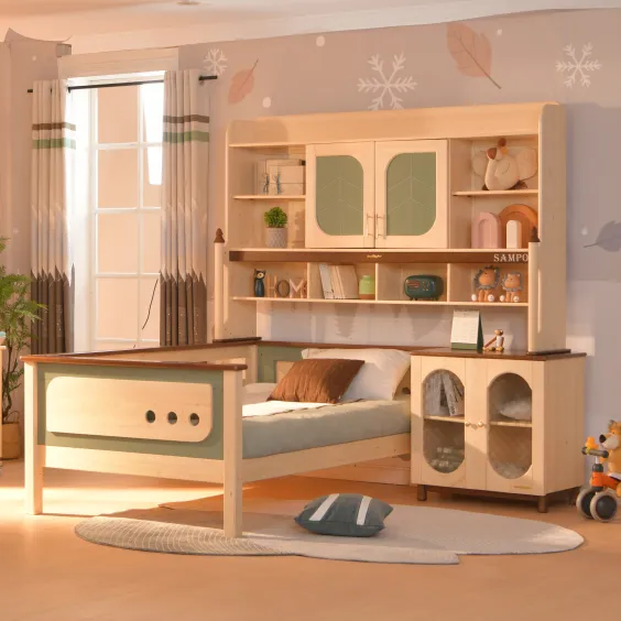 Fonksiyonel doğal renk yatak katı ahşap çocuk yatağı kitaplık dolabı ile babi için yatak odası mobilyası bebek ahşap yatak