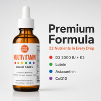 22 Vitamines et Minéraux Liquides, Gouttes Multivitaminées D3 2000 UI K2 Lutéine Astaxanthine CoQ10 Édulcorées à la Stévia, Quotidiennement 60ml