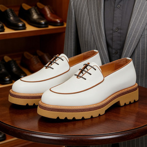Chaussures Richelieu en cuir véritable blanc pour hommes, bout rond, à lacets, semelle extérieure en caoutchouc, confortables, pour le bureau et les occasions formelles - Product Image 5