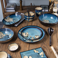 Vaisselle japonaise peinte à la main Magnolia couleur sous glaçure tournée au four, bol de nouilles et de riz créatif, assiette à poisson pour la fête