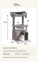 Grand arbre à chat avec plateforme de saut, griffoir en sisal, design intégré, en bois, moderne, écologique, 82 cm