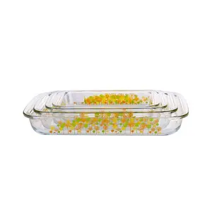 Bandeja retangular de vidro, bandeja para forno e micro-ondas com alça, em formato de flor clássico borosilicate, 3 peças