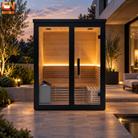 Sauna extérieur en bois massif sur mesure avec design en verre intégral sur le devant, sauna moderne autoportant pour jardin