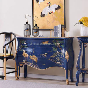 Antiguo estilo Rococó Francés <span class=keywords><strong>pintura</strong></span> a mano consola gabinete artista madera tallada grúa pintada a mano azul oscuro aparador gabinete - Product Image 3